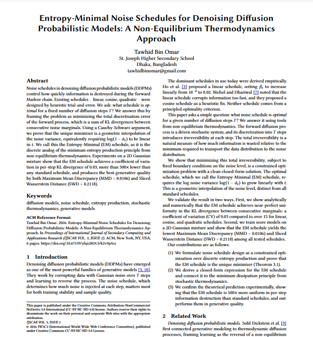 Entropy-Minimal Noise Schedules for Denoising Diffusion Probabilistic Models: A Non-Equilibrium Thermodynamics Approach project