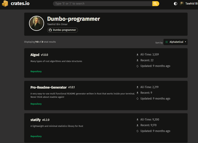 Screenshot of Rust Libraries — Algorithms, Statistics & README Generator project by Tawhid Bin Omar